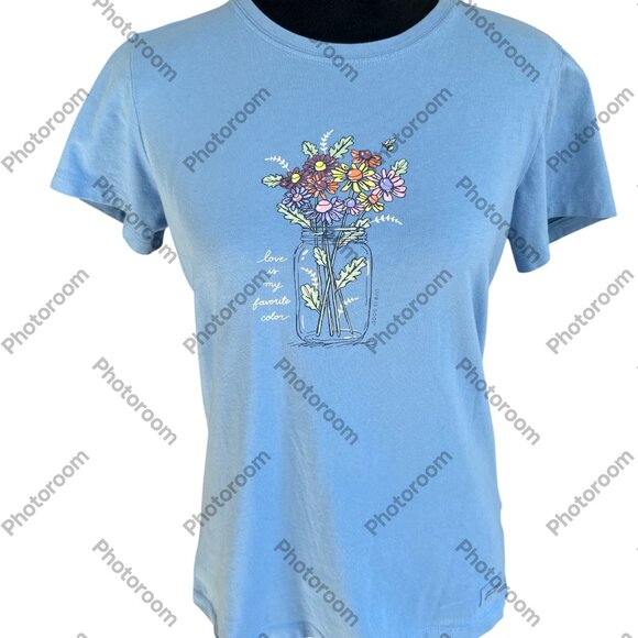 Life Is Good Medium Blue Flowers Short Sleeve Tee Shirt - Picture 1 of 5
